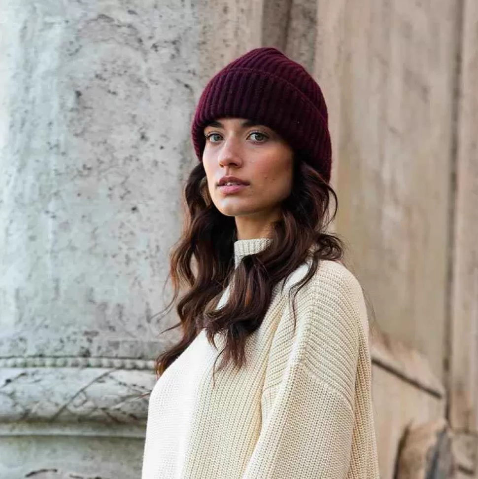 Knitwear-ISSIMO Pure Cashmere Fisherman'S Rib Hat Wine Red