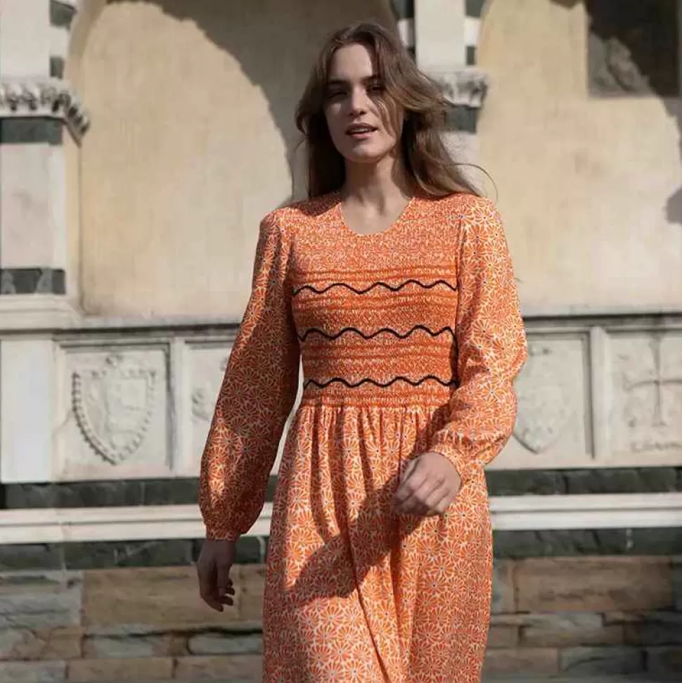 Dresses-Loretta Caponi Lea Orange Daisies Dress