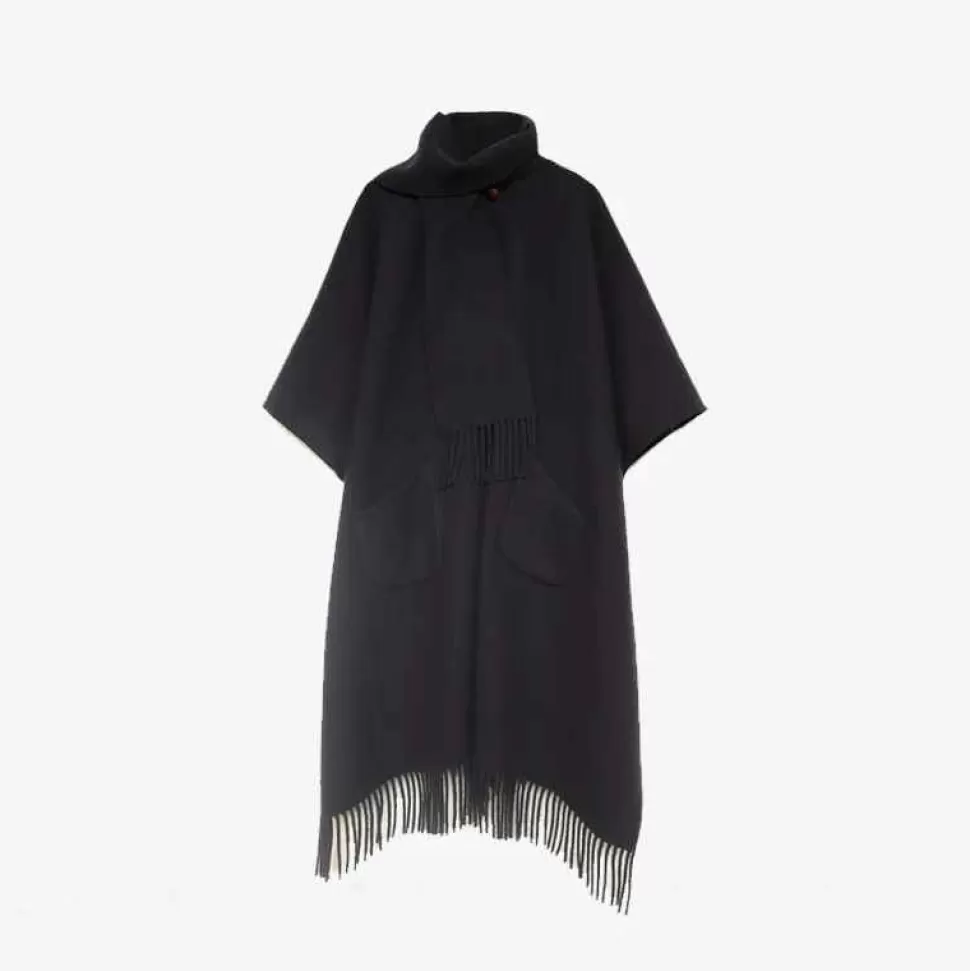 Outerwear-Officina Del Poggio - Long Fringed Cape Dark Blue