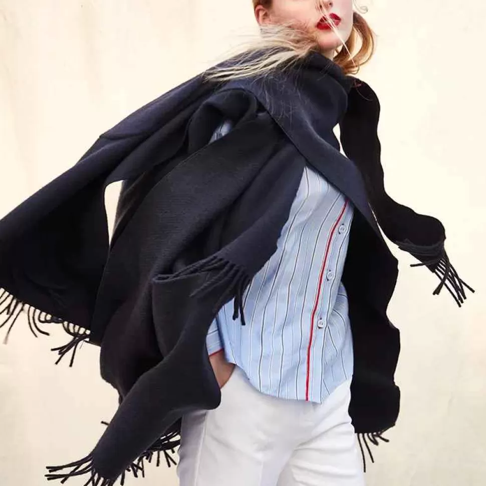 Outerwear-Officina Del Poggio - Long Fringed Cape Dark Blue